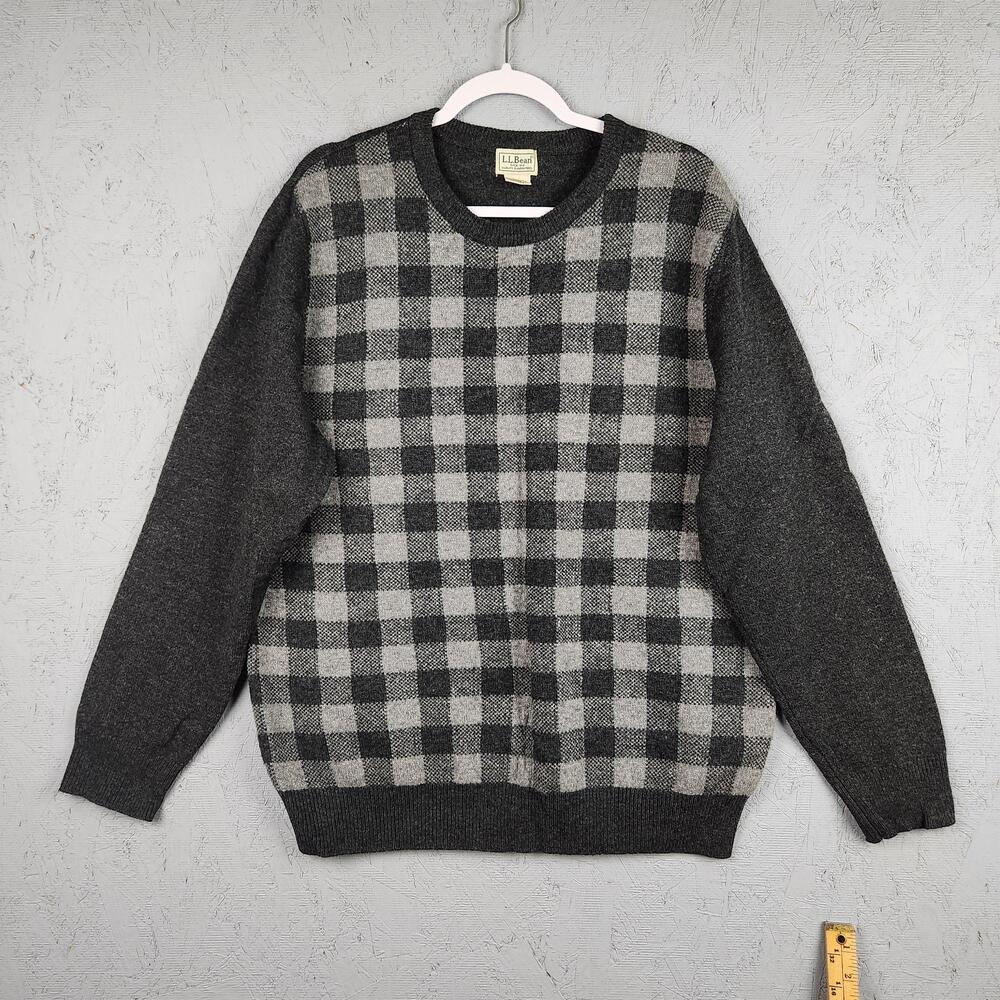 LL Bean Lambswool Sweater Mens Large Gray Black Plaid Check Crewneck Pullover
